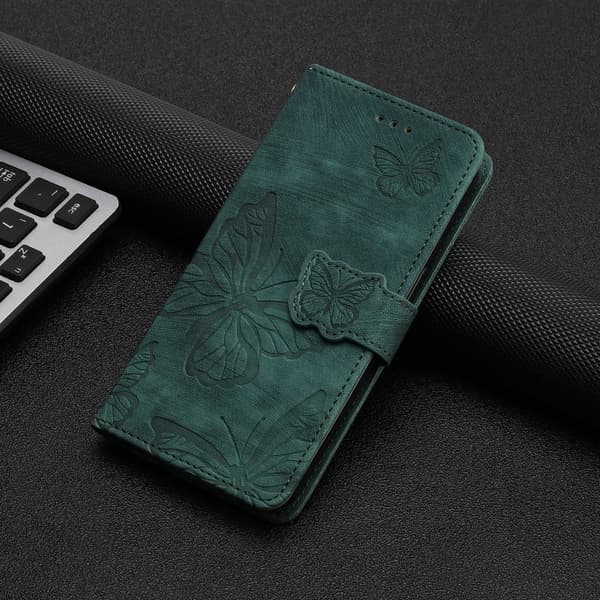 Etui til iPhone 14 Pro Max grønn sommerfugl 3D-preget lommebok med kortholder