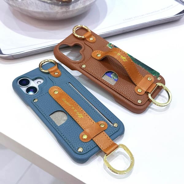 Etui til iPhone 13 Mini blå Pebbled Håndleddsrem Maskinvare Spenne Lommebok med Kortholder Stativ Lær