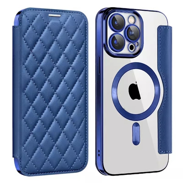 Kotelo iPhone 16promaxille, tummansininen magneettinen läppälompakko korttipidikkeellä, läpinäkyvä