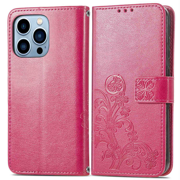 Etui til iPhone 15 Plus Rosarød Firkløver 3D Præget Flip Wallet med Kortholder