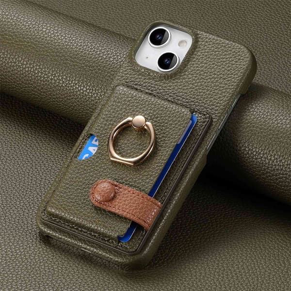 Etui til iPhone 14 Pro Max Mørkegrøn Pebbled Almindelig Wallet med Kortholder Ring