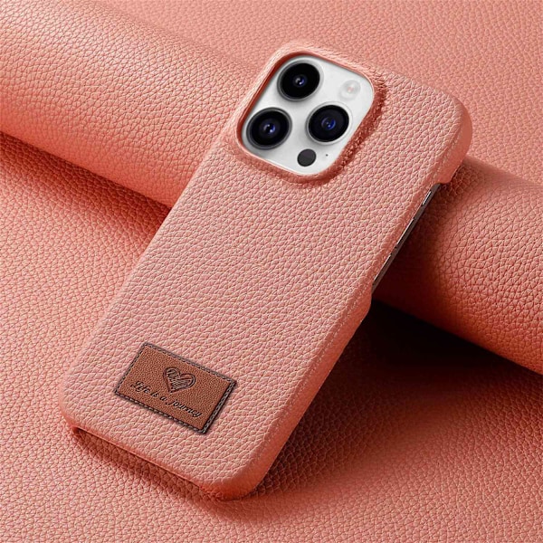 Etui til iPhone 13 Pro, pink læder, halv pakke, småstenet, tynd klar overflade