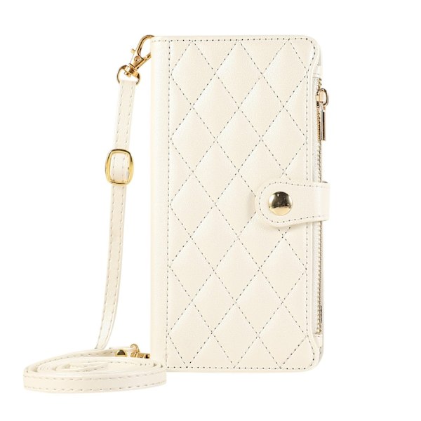 Fodral för iPhone 14PLUS Vit (långt + kort rep) ins Plånbok med Korthållare dragkedja väska crossbody snodd Plånbok med Korthållare