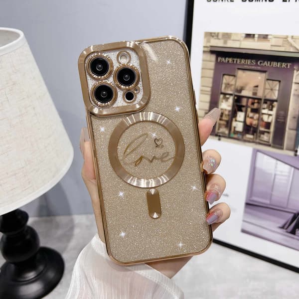 Etui til iPhone 14 E Glitter Magnetisk Champagne Guld Noz35480