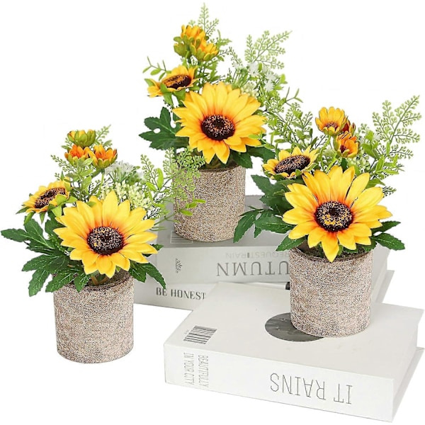 3 stk. Solsikke Dekor Kunstige Potteplanter Gule Falske Blomster i Potter, Kunstig Solsikke for Baderom Hjem Kjøkken Rustikk Bord Midtstykke Hylle