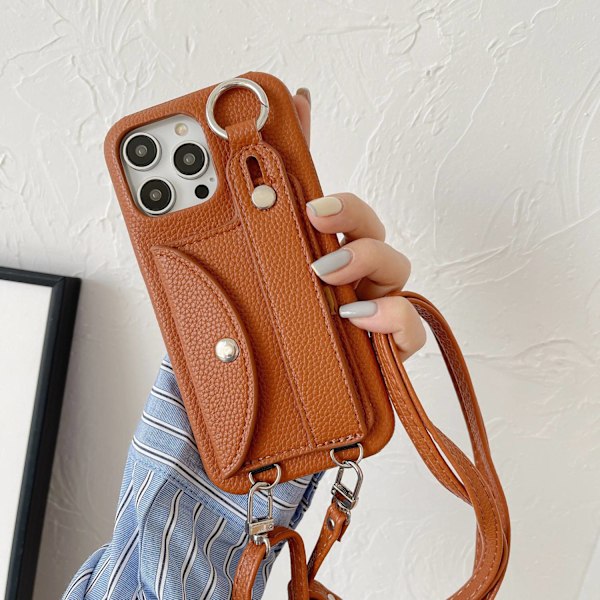 Etui til iPhone 16plus Kortholder Håndledsrem Crossbody Brun Læder kortholder, håndleds crossbody