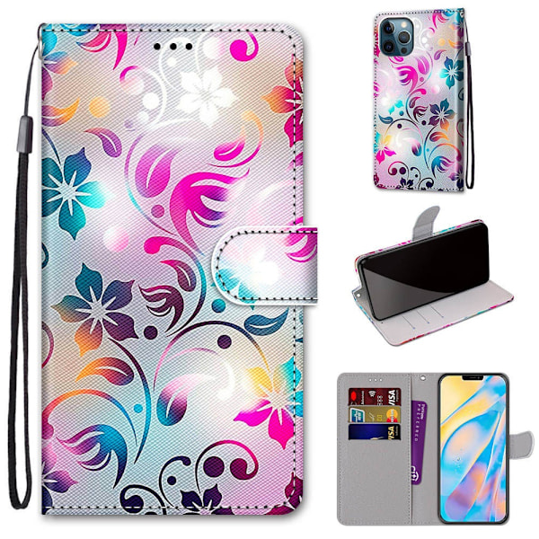 Etui til iPhone 14 Pro Max Gradient farverige blomster Malet Wallet med kortholder Flip