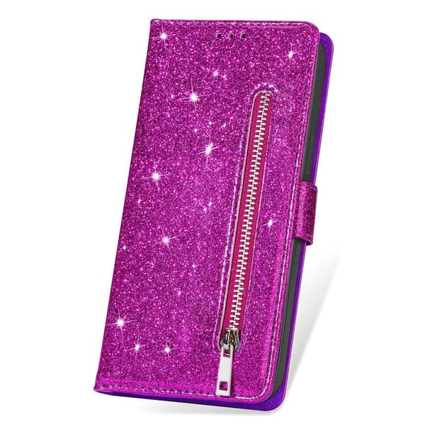 Etui til iPhone 14 6.1 Lilla glitter lynlåsrem pung med kortholder