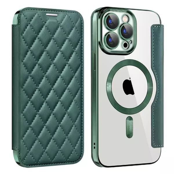 Etui til iPhone 13pro grøn magnetisk flip-pung med kortholder transparent