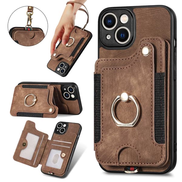 Etui til iPhone 15 Pro Max Brun [med lædersnor] RFID-blokerende Ring Kort Holder