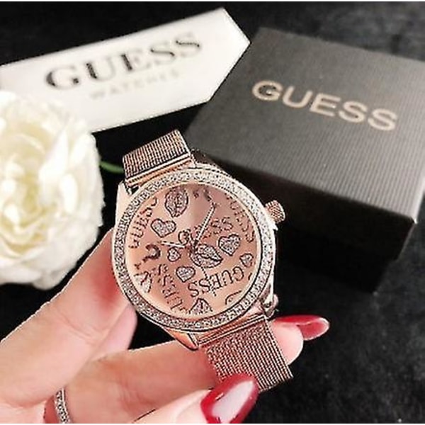 Ny Guess Graffiti Rose Gold Rostfritt stål Mesh Armband Watch Mode Casual Wanita Jam Rosegold