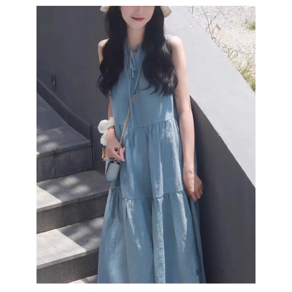 V-ringad spets lång klänning Mjuk lös ärmlös klänning Blue M