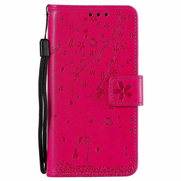 Etui til iPhone 14 Pro Rosarød Sakura Kat 3D Præget Tegnebog med Kortholder Flip