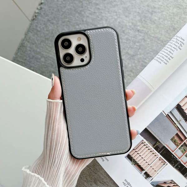 Etui til iPhone 13mini Litchi mønster 2 i 1 syning grå klassisk Pebbled læder tekstur par Fuld krop