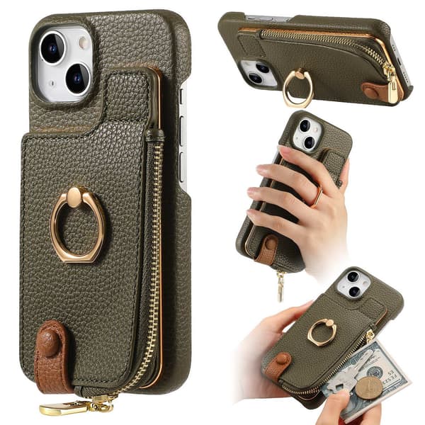 Etui til iPhone 16 Pro Midnight Green Pebbled Ensfarget Ring Lommebok med Kortholder