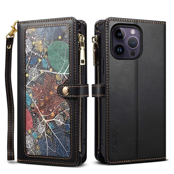 Etui til iPhone 15 Pro Max Sort + håndrem Mixed Media Flip Crossbody Taske Lille Multi-kort Lynlås Malet