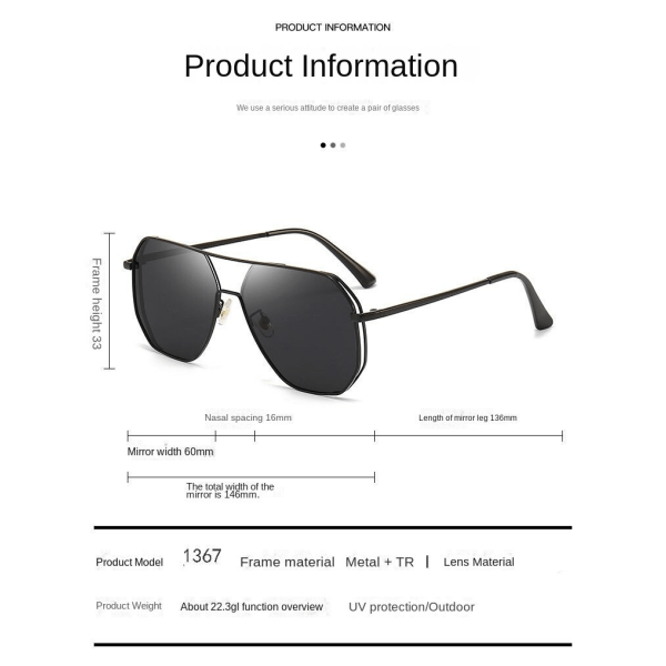 Photochromic Glass Large Ram All-Match Retro Anti-Green Solglasögon Utomhus Ridning Solglasögon Black frame Black and Grey lens