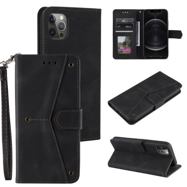 Etui til iPhone 14 Pro Max sort Mixed Media Kontrastfarvepung med kortholder Flip