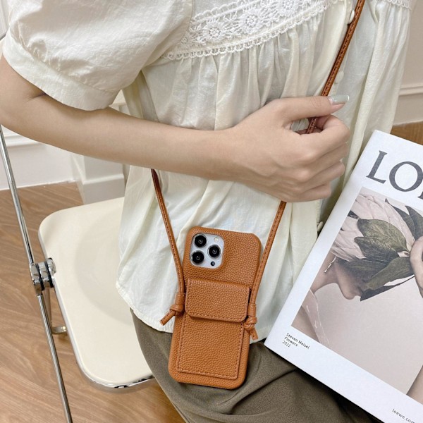 Etui til iPhone 15 Pro Max Litchi mønster øre kortholder lanyard brun Kortholder crossbody læder tekstur