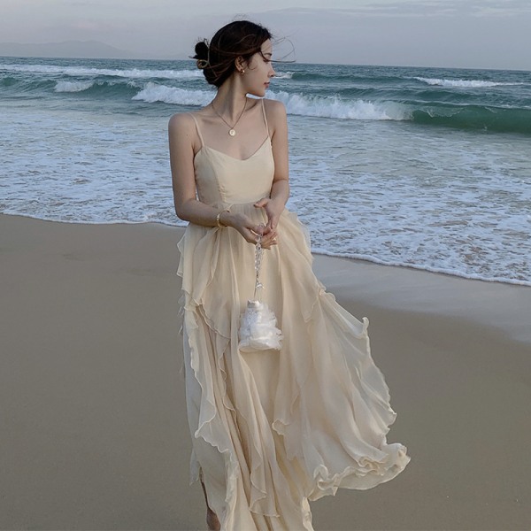 Chiffongklänning för damer Seaside Vacation Kjol Strap Beach Dress White L
