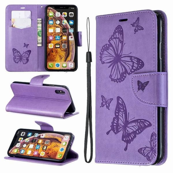Etui til iPhone 14 Plus Lilla Sommerfugl 3D Preget Flip Lommebok med Kortholder