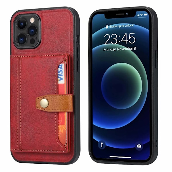 Punainen NIU-nahkalompakkokotelo korttipidikkeellä ja muodikkaalla jalustalla iPhone 14 Pro -puhelimelle