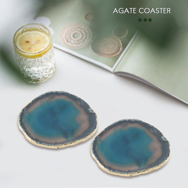 Ny 2st Agat skiva blå glasunderlägg bricka Dekorativ design guldkanter