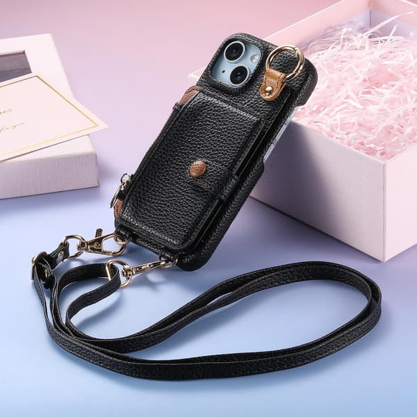 Etui til iPhone 15 Plus sort læder makeup spejl lang rem pung med kortholder