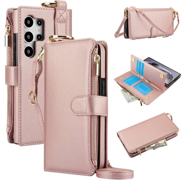 Etui til iPhone 14 Pro Max Rosaguld Ring lynlås Crossbody Wallet med kortholder til flere kort