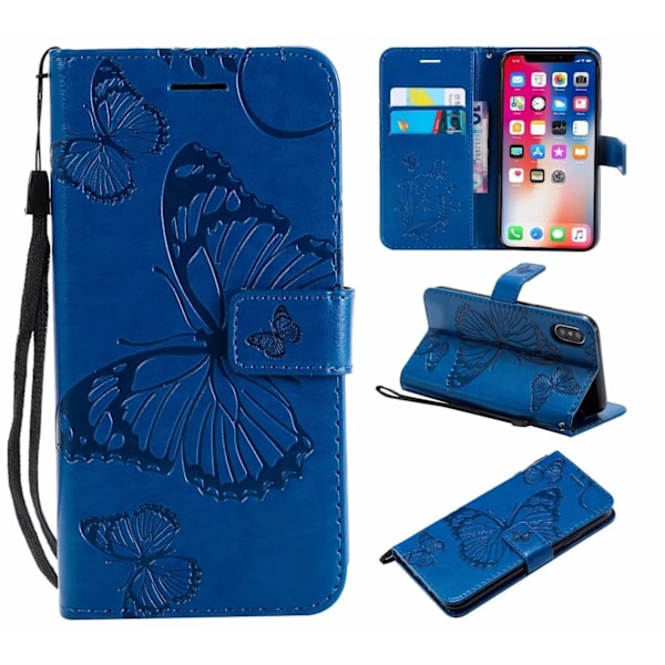Etui til iPhone 14 Pro blå 3D Præget Sommerfugl Præget Tegnebog med Kortholder Flip