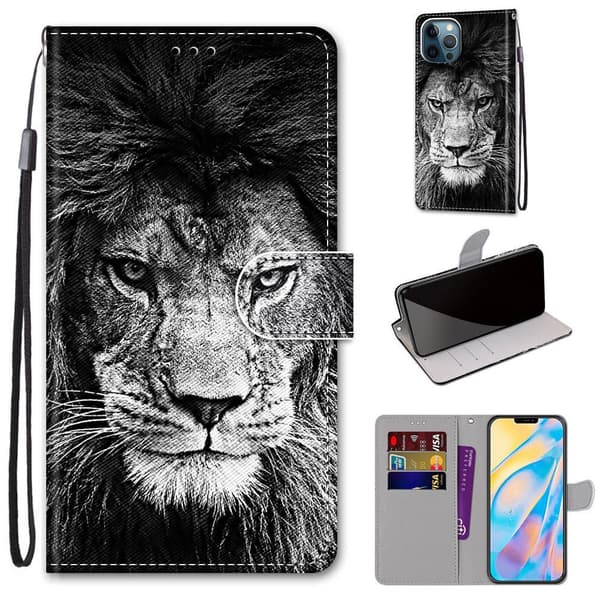 Etui til iPhone 15 Plus Svart og hvit løvehode Malt lommebok med kortholder Flip