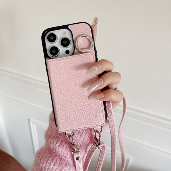 Fodral för iPhone 16e Litchi-mönster helkroppsskydd vänster och höger öppning skönhetsspegel korthållare snodd rosa Korthållare Pebbled Full-Body Strap