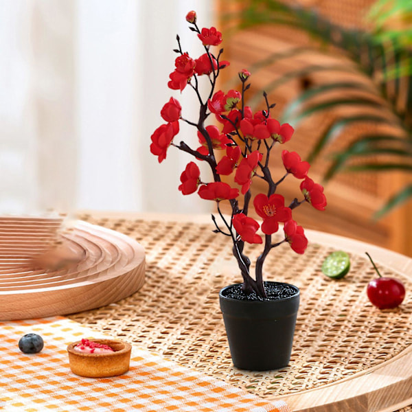 Keinotekoinen Bonsai Kaksihaarainen Koristeellinen DIY Luumu Kukka Väärennetty Kukkaruukku Kodin Huoneen Sisustus Red B