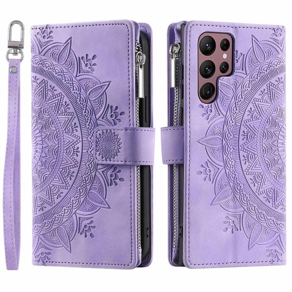 Etui til iPhone 13 Pro Max Lilla Multi-kort Totem Lynlås Flip Wallet med Kortholder