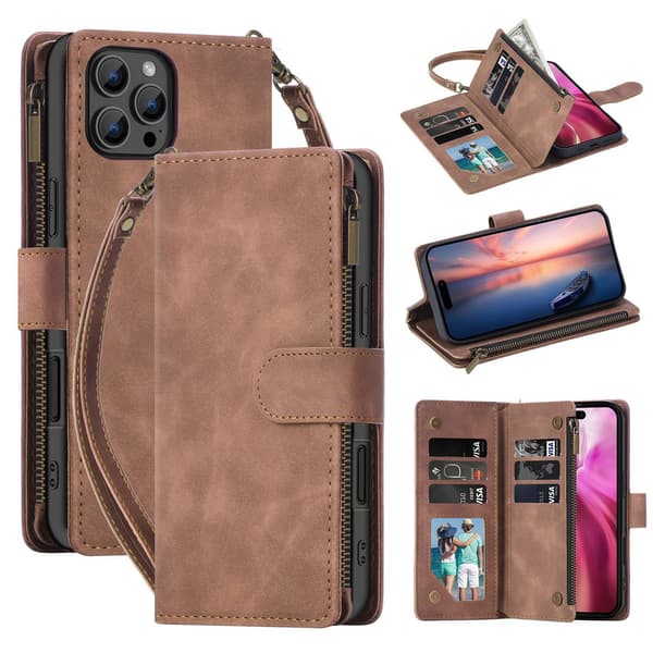 Etui til iPhone 14PLUS brun Soft-Touch multi-kort lynlåstaske