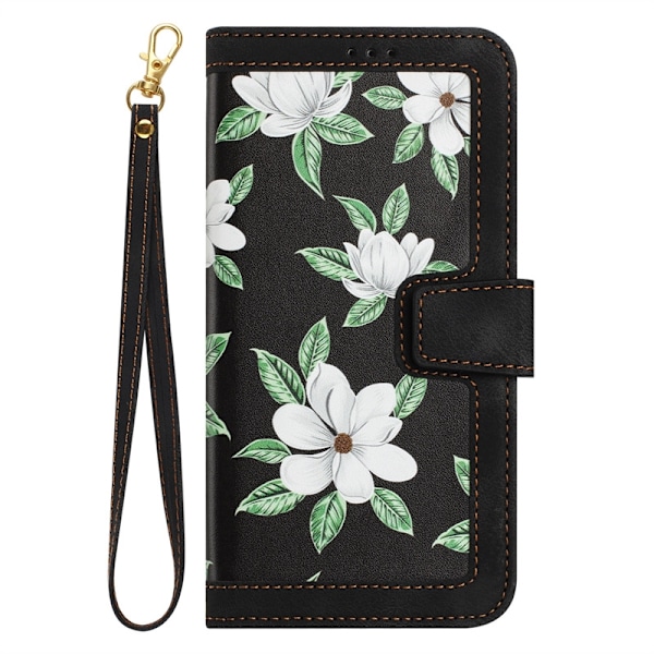 Etui til iPhone 15 Pro Svart - Lite Friskt Skinn Etui + Kort Tau Liten Blomster Flip Stropp