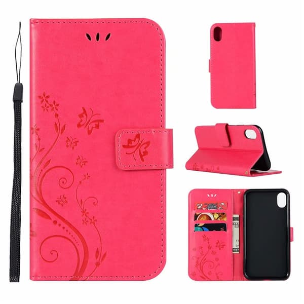 Etui til iPhone 14 Pro, roserødt lommeboketui med kortholder, flip, sommerfugl, 3D-preget