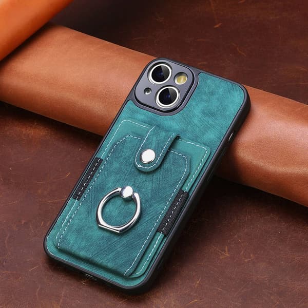 Etui til iPhone 14 grønn Kortholder Vintage Metallring