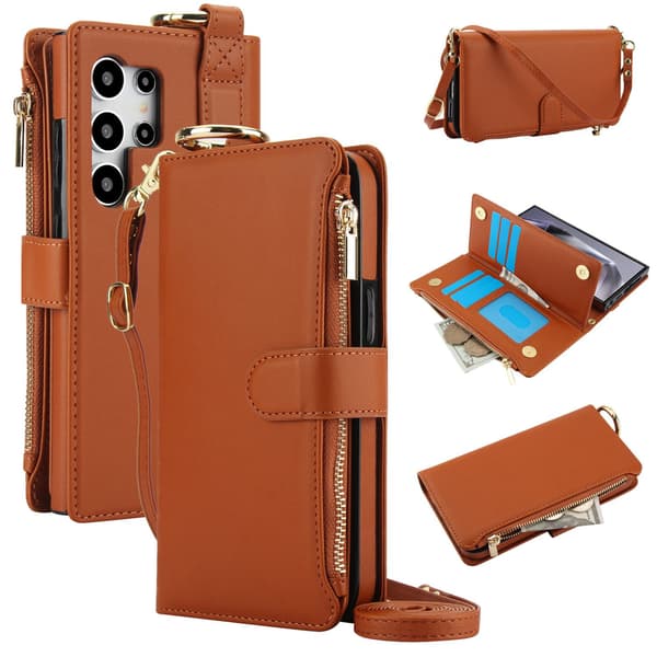 Etui til iPhone 15 Pro brun Ring lynlås Crossbody Wallet med kortholder til flere kort