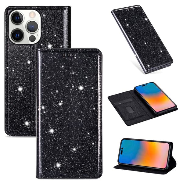 Etui til iPhone 13 6.1 Flash Sort glitter Magnetisk Flip Wallet med Kortholder