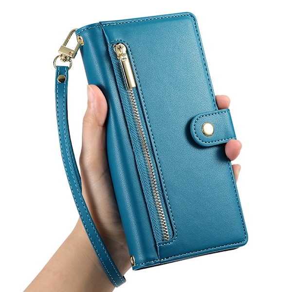 Fodral för iPhone 15 blått Nine-Card Zipper Plånbok med Korthållare Flip