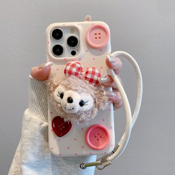Etui til iPhone 14PROMAX Hvite og rosa prikker + plysj ShellieMay-knapp + armbånd i lær mønster plysj Duffy bjørn myk