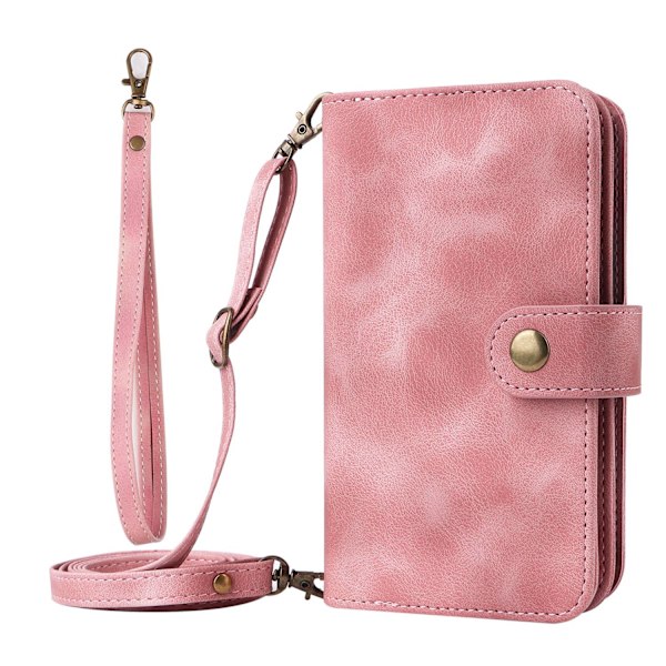 Kotelo iPhone 14 Prolle, pinkki (pitkillä ja lyhyillä nauhoilla) Doka vetoketjullinen lompakko korttipidikkeellä, läppälompakko korttipidikkeellä, crossbody