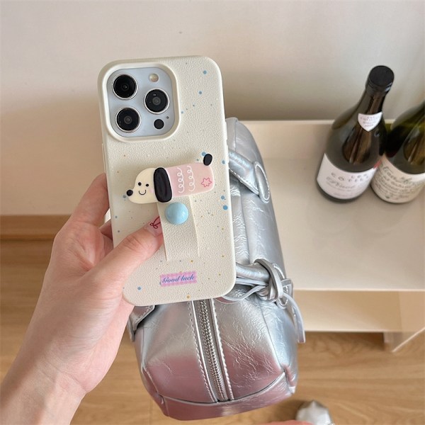 Kotelo iPhone 16 Pro Max -puhelimelle, maitomainen valkoinen muste + pennun sormus, söpö 3D pieni eläimen sormus solki, nahkakuvio