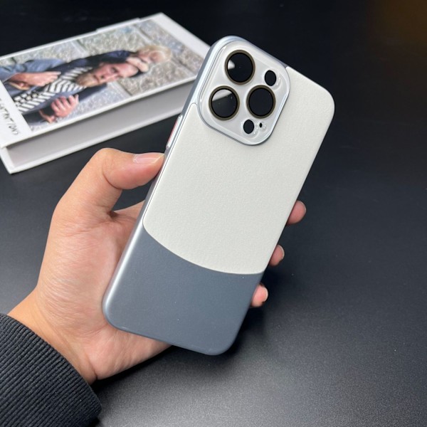 Kotelo iPhone 16pro max -puhelimelle, valkoinen hiekka, hopea nappanahka, kokonahkainen