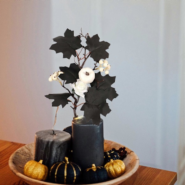Kunstige lønnebladgrener høststilker Halloween blomster Svarte lønneblader og hvite gresskargrener Halloween Thanksgiving dekorasjon