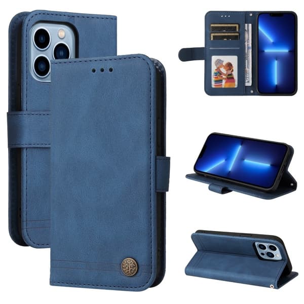 Etui til iPhone 14pro MAX blå Soft-Touch Livets Træ Retro Business Wallet med Kortholder