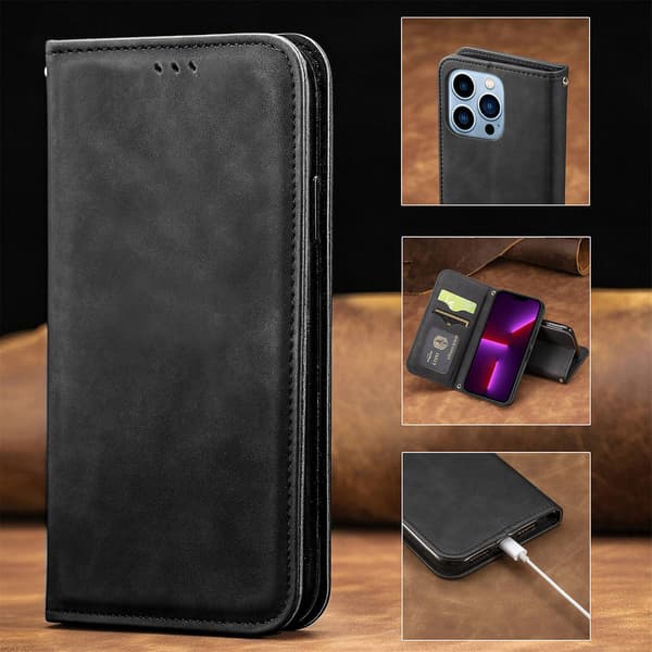 Etui til iPhone 16 Plus svart Flip Tilpassbar Multi-Modell Lommebok med Kortholder Slitesterk