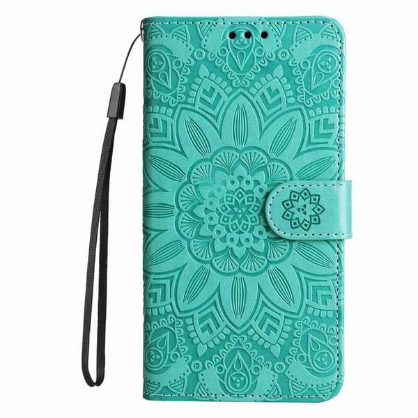Fodral för iPhone 14 6.1 grön Solros Präglad 3D Plånbok med Korthållare Flip