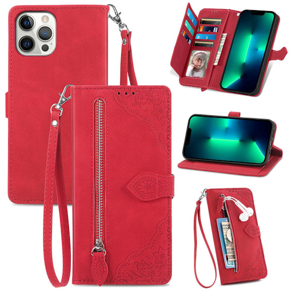 Etui til iPhone 13 mini 5.4 rød lynlås 3D Præget Wallet med Kortholder Flip